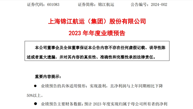 锦江航运上市后发布首个2023年年度业绩预